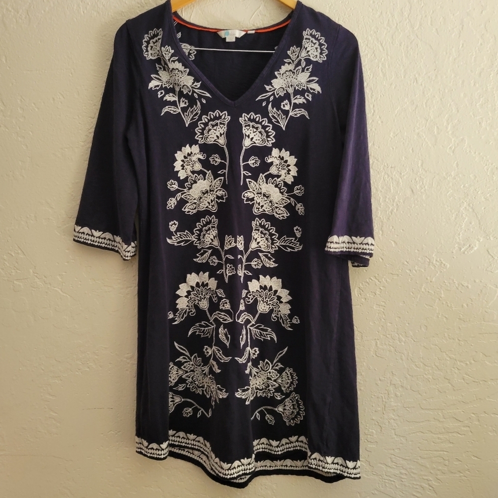 Boden Clemmie Jersey Embroidered Navy Blue Dress 8R